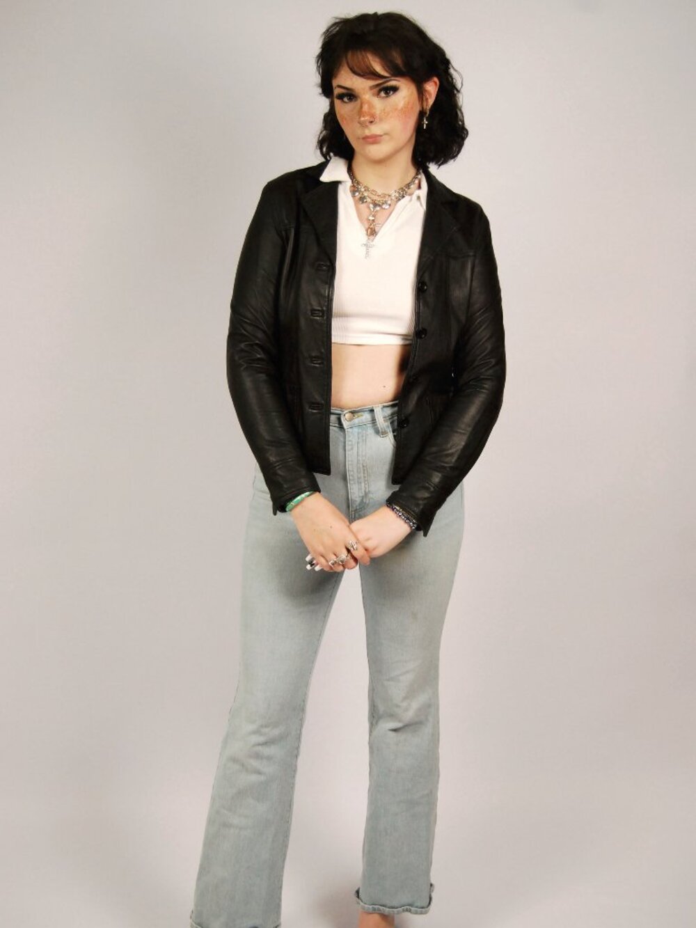Y2K Leather Jacket (M) medium black vintage womens blazer button up fitted cute